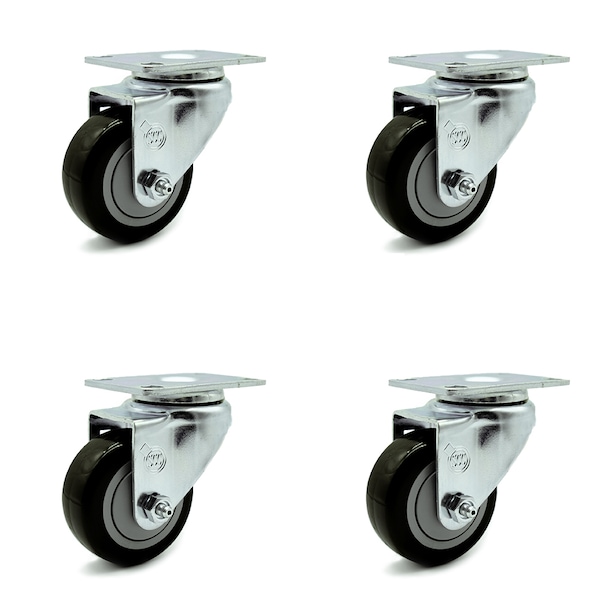 3 Inch Black Polyurethane Wheel Swivel Top Plate Caster Set